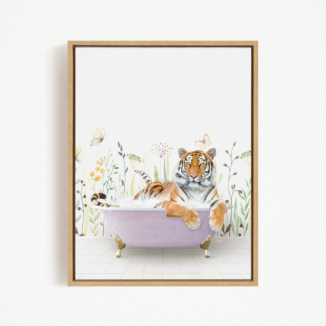 A tiger is sitting in a purple bathtub filled with water, surrounded by flowers and butterflies.