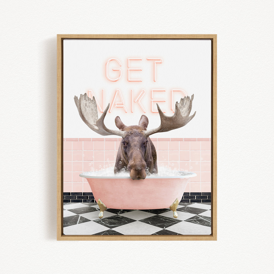 A moose is sitting in a pink bathtub, with the text "GET NAKED" displayed above it.
