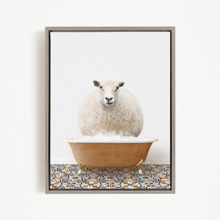 A fluffy white sheep sits in a bathtub filled with bubbles, creating a whimsical and amusing scene.