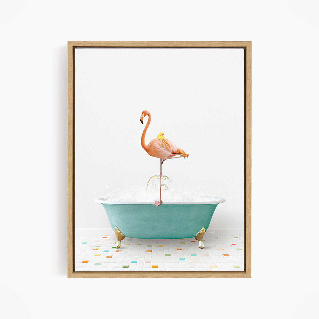 A pink flamingo stands on a blue bathtub filled with bubbles, surrounded by a colorful tiled floor.
