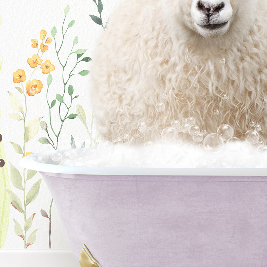 a sheep is sitting in a bathtub with bubbles