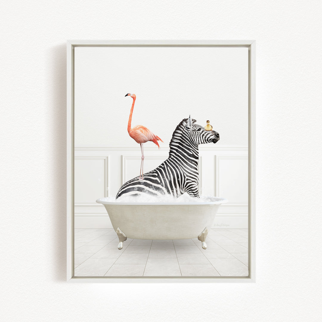 A zebra is sitting in a bathtub, surrounded by a pink flamingo and a bird, creating a whimsical and playful scene.