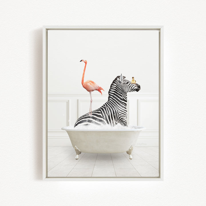 A zebra is sitting in a bathtub, surrounded by a pink flamingo and a bird, creating a whimsical and playful scene.