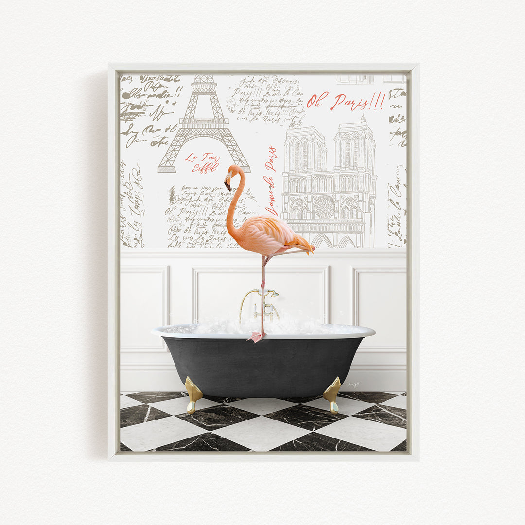 A pink flamingo stands on a black bathtub in a bathroom, with a wall featuring the Eiffel Tower and other Parisian landmarks in the background.