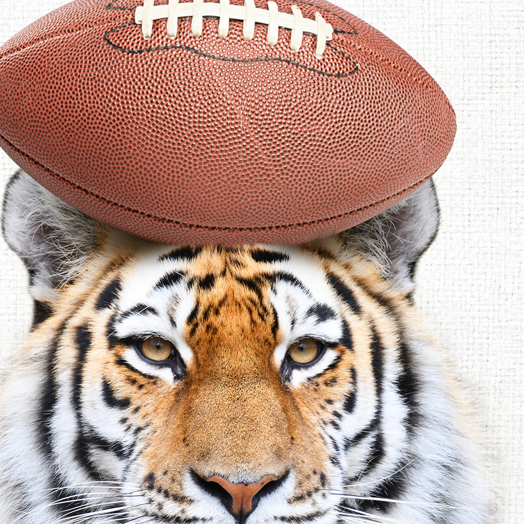 a tiger with a football on its head