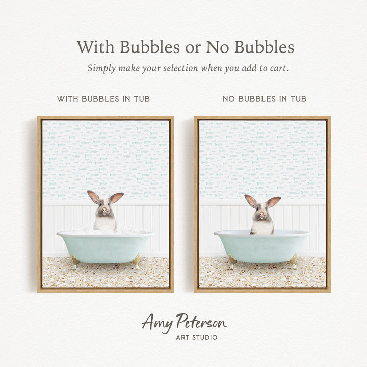The image is a collage of two framed pictures, each depicting a rabbit sitting in a bathtub. The text above the images reads "With Bubbles or No Bubbles" and below the images, it says "Simply make your selection when you add to cart."