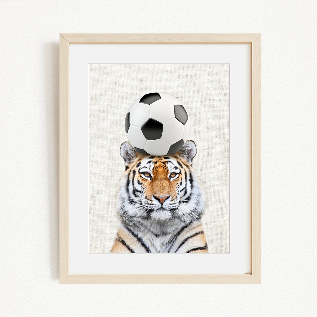 A tiger is sitting on a soccer ball, with the ball placed on its head.
