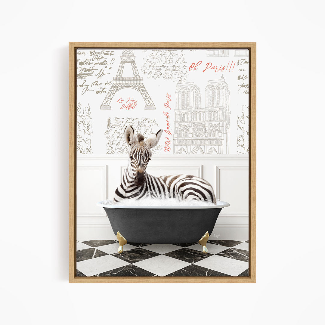 A zebra is sitting in a bathtub, surrounded by a Paris-themed background with the Eiffel Tower and other Parisian landmarks.