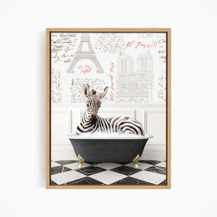 A zebra is sitting in a bathtub, surrounded by a Paris-themed background with the Eiffel Tower and other Parisian landmarks.
