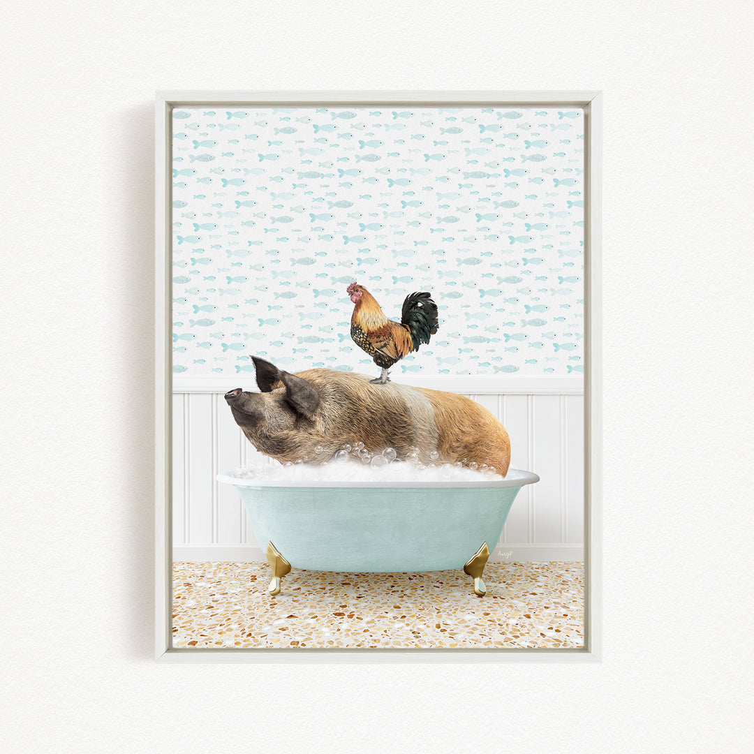 A rooster stands on a pig's back while the pig is sitting in a bathtub filled with water, creating a whimsical and humorous scene.