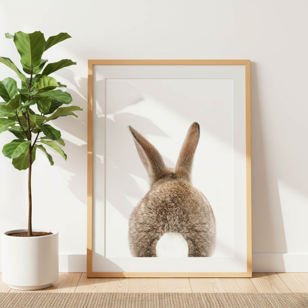 a framed picture of a rabbit's back, with its fluffy white tail visible, placed on a wooden floor next to a potted plant.