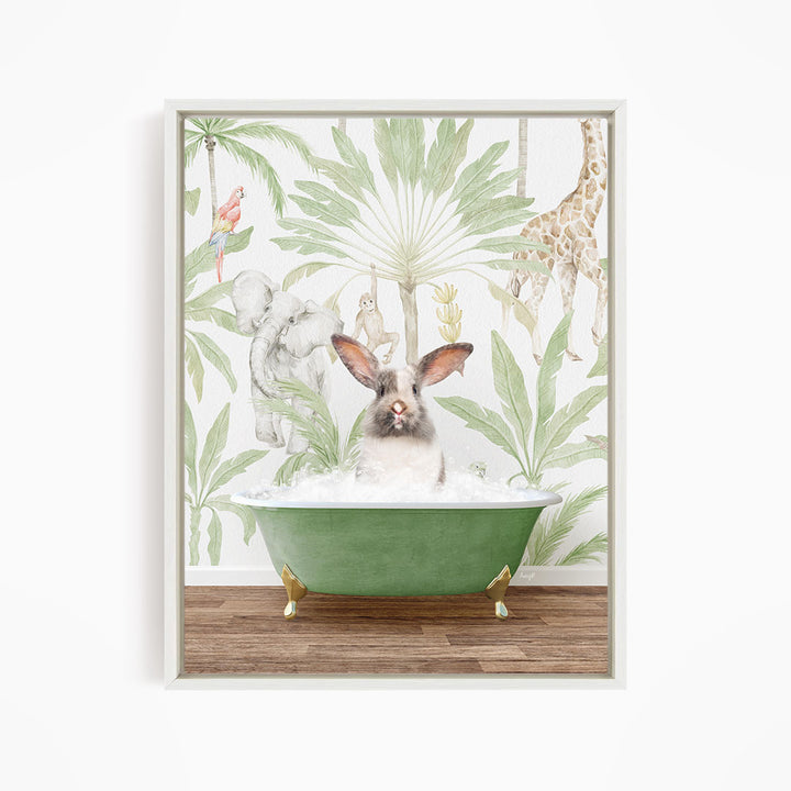 A rabbit sitting in a green bathtub filled with water, surrounded by tropical plants and animals, including a giraffe and a parrot.
