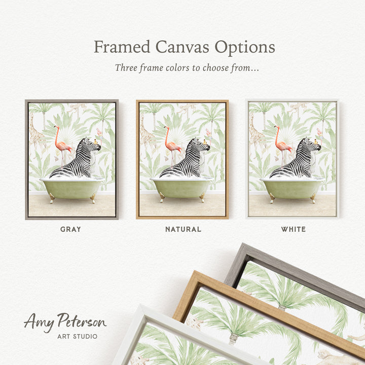 three framed canvas options featuring a zebra and flamingos in bathtubs, with different frame colors to choose from.