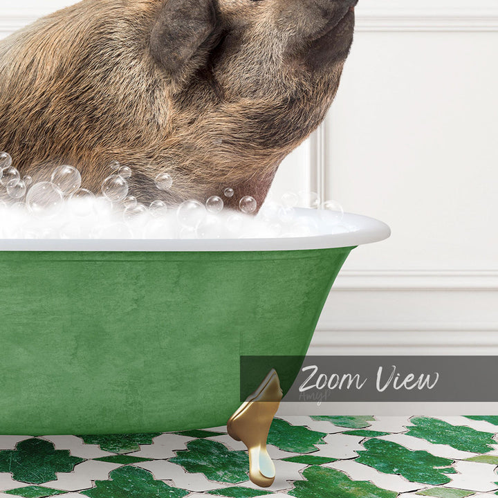 A pig is sitting in a green bathtub filled with bubbles, appearing to enjoy the bath.