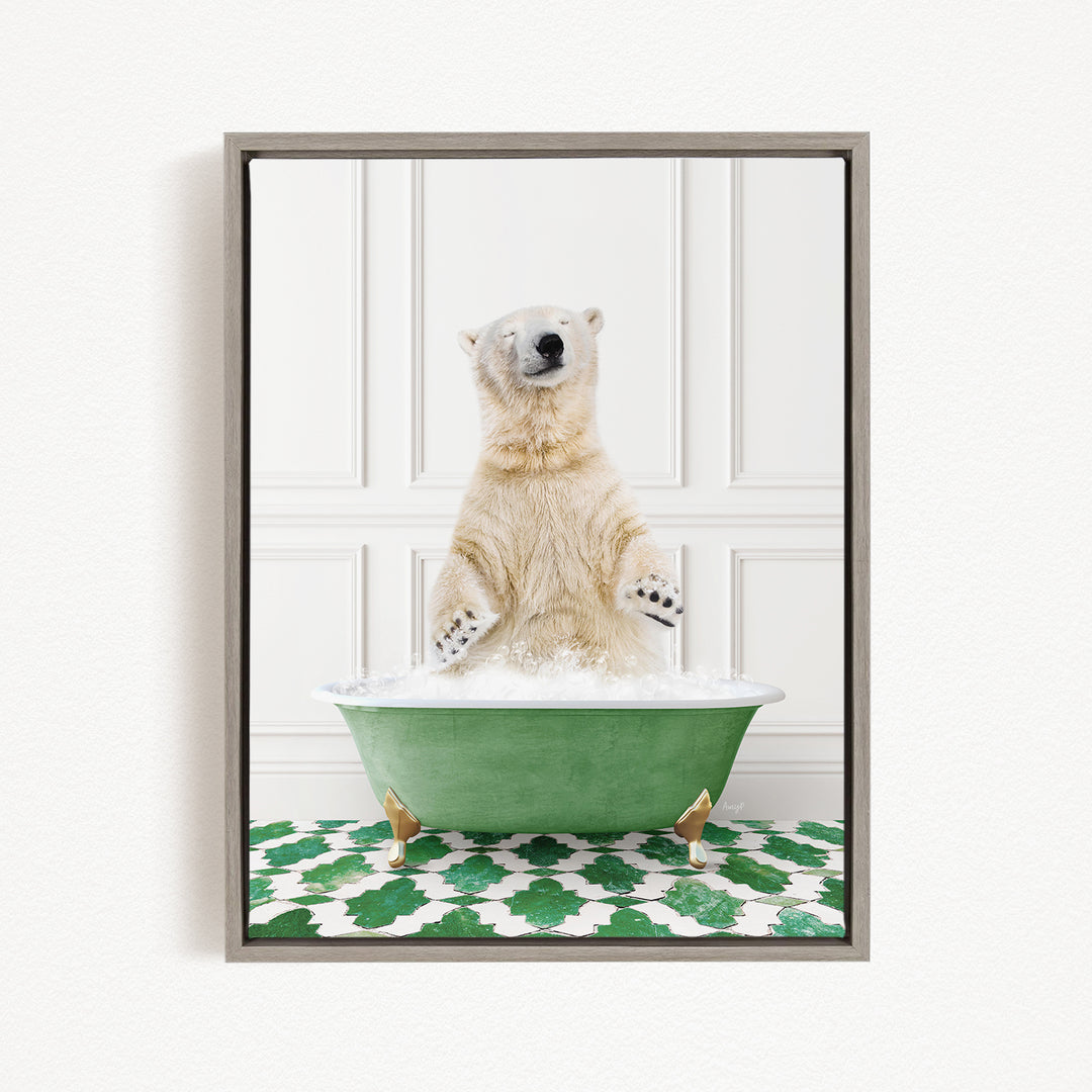A polar bear standing in a green bathtub filled with water, with its paws submerged in the water.