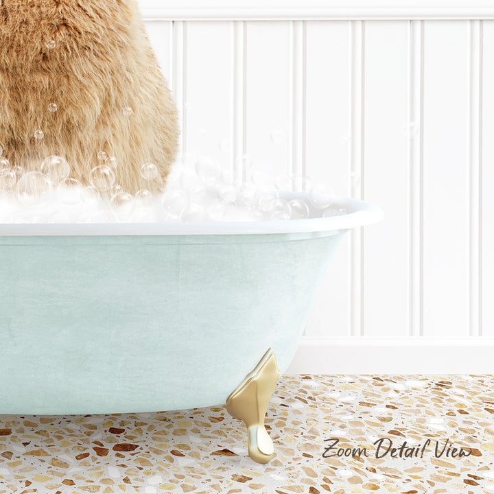 A cat standing in a bathtub filled with bubbles, with a text overlay that reads "Zoom Detail View".