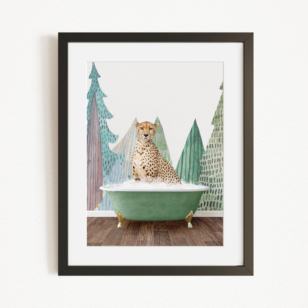 A cheetah sitting in a green bathtub, surrounded by stylized trees and a snowy landscape.