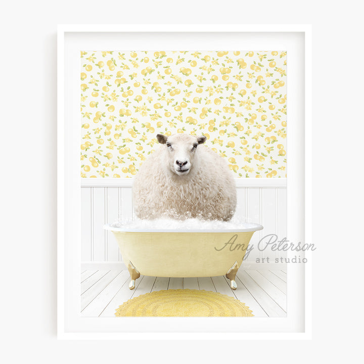 a sheep sitting in a bathtub in a bathroom