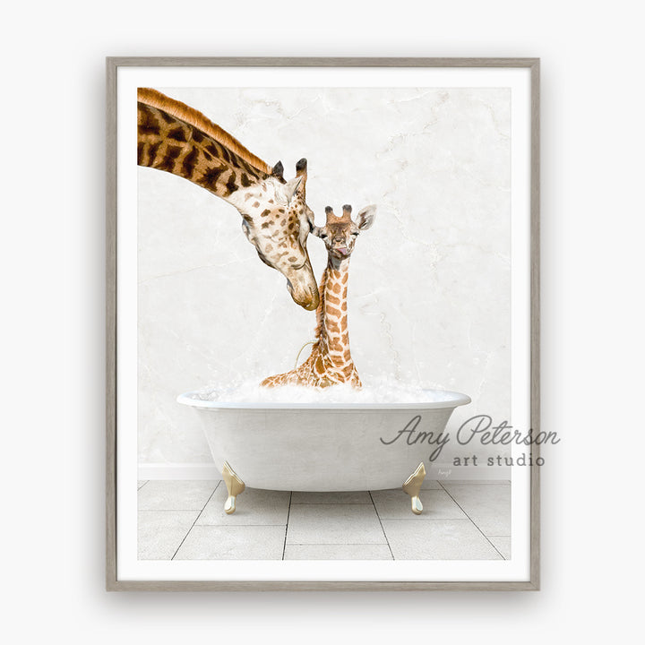 two giraffes sticking their heads into a bathtub