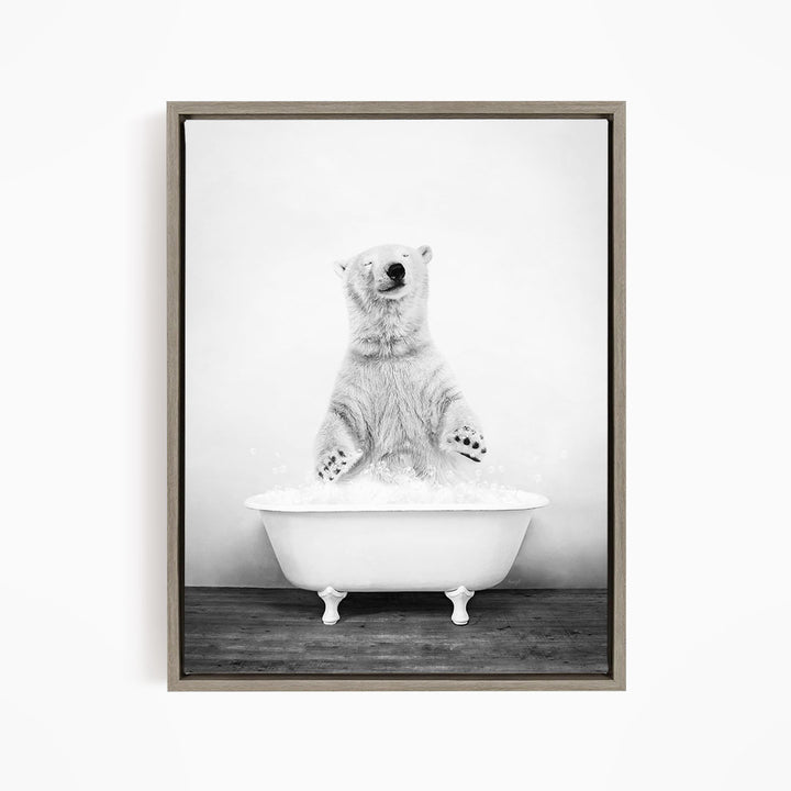 A polar bear standing in a bathtub filled with water, appearing to be enjoying a bath.