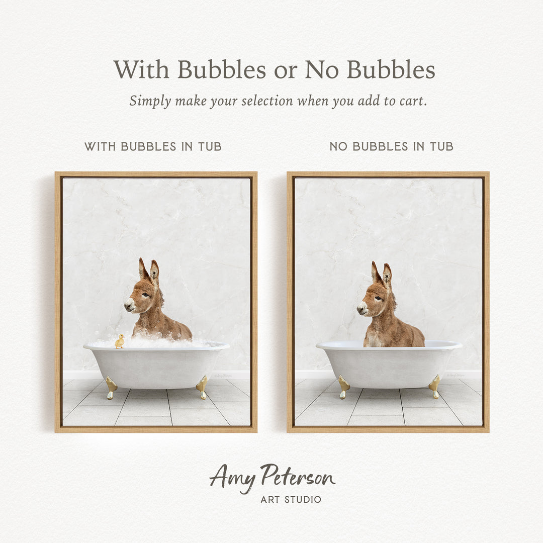 The image is a collage of two pictures, each depicting a donkey in a bathtub. The donkey in the bathtub has bubbles, while the donkey in the other bathtub does not have bubbles. The collage is titled "With Bubbles or No Bubbles" and is created by Amy Peterson from Art Studio.