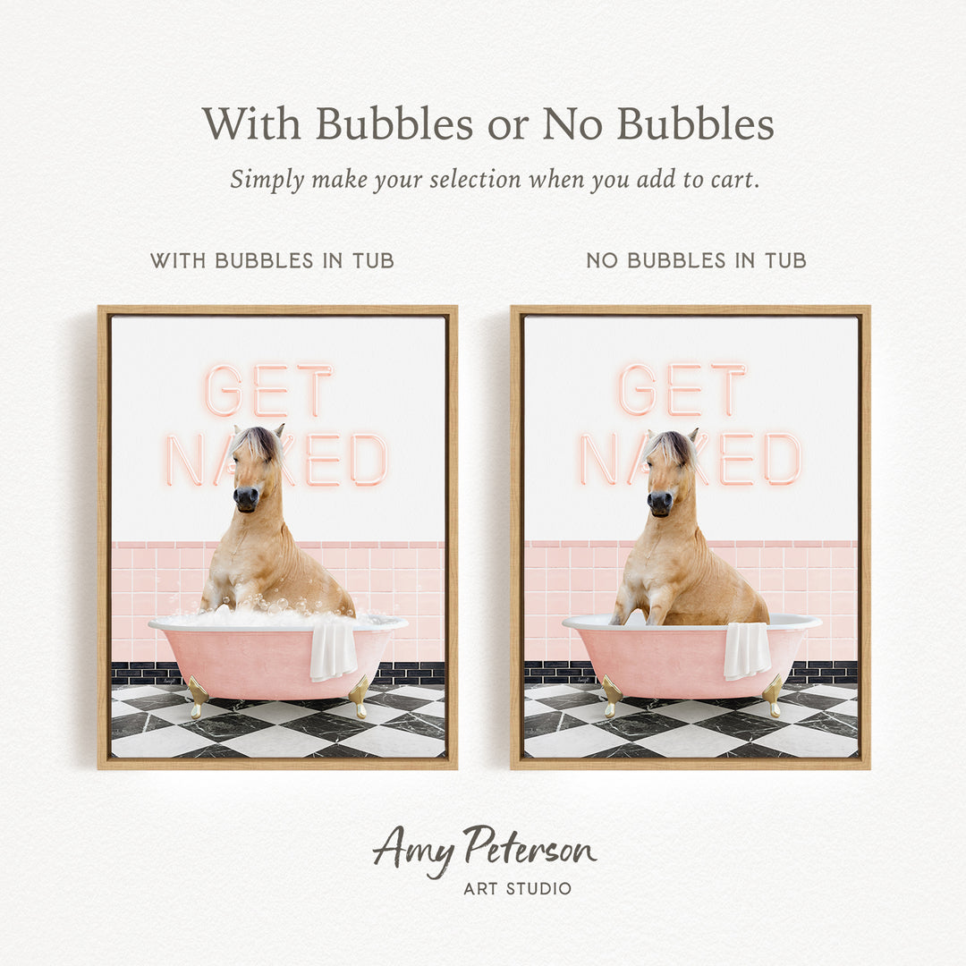 The image is a collage of two pictures featuring a horse sitting in a bathtub. The horse is depicted in both a tub with bubbles and a tub without bubbles. The text above the images reads "With Bubbles or No Bubbles Simply make your selection when you add to cart."
