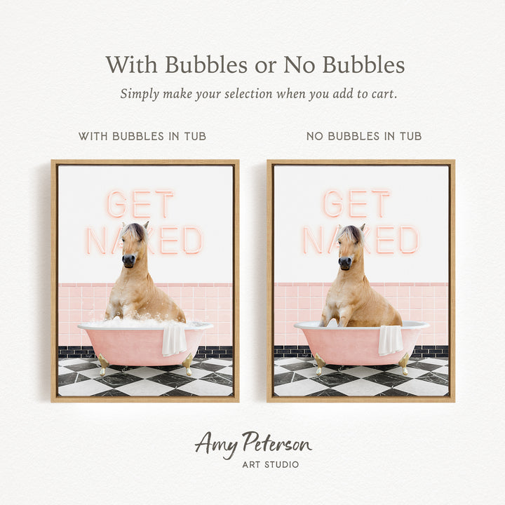 The image is a collage of two pictures featuring a horse sitting in a bathtub. The horse is depicted in both a tub with bubbles and a tub without bubbles. The text above the images reads "With Bubbles or No Bubbles Simply make your selection when you add to cart."