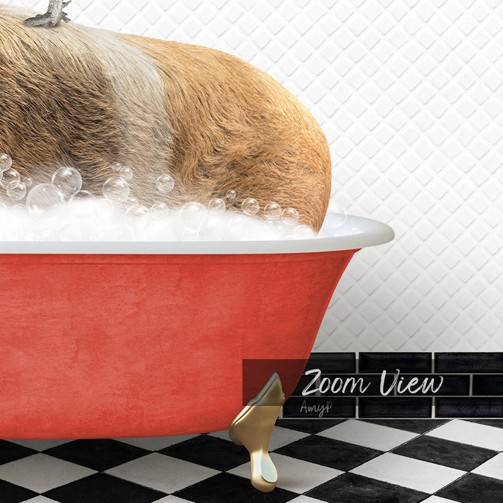 A red bathtub filled with bubbles, with a dog sitting inside and enjoying the bath.