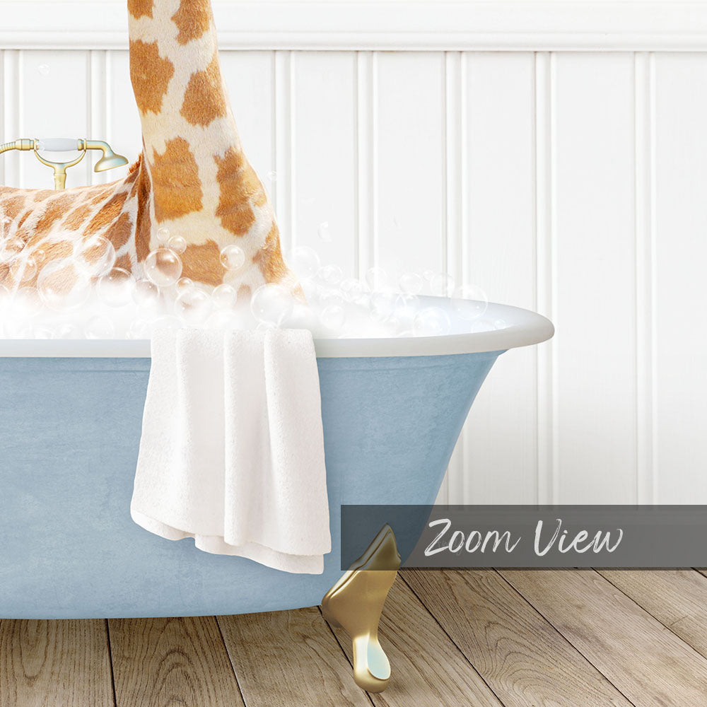 A blue bathtub filled with water and bubbles, with a towel hanging on the side and a giraffe's head emerging from the water.