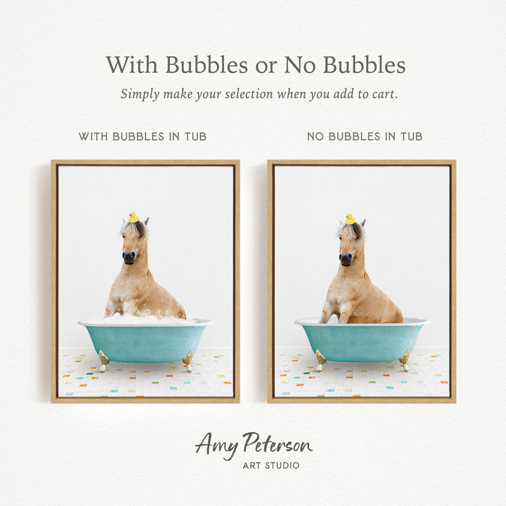 The image is a collage of two pictures featuring a horse sitting in a blue tub with bubbles, and another picture of the same horse sitting in a tub without bubbles.