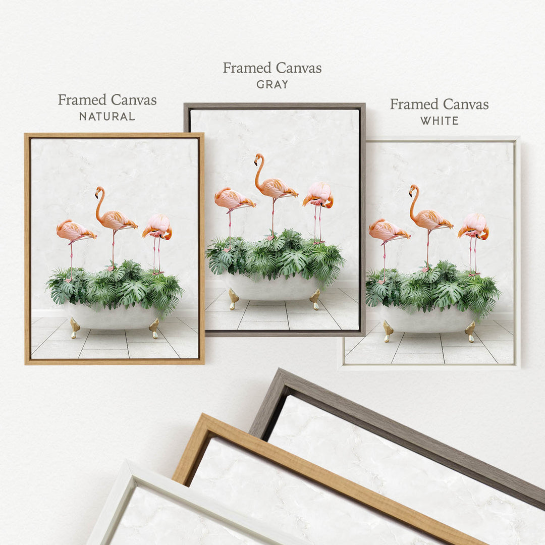 three framed pictures of flamingos in a bathtub, each with a different colored frame.