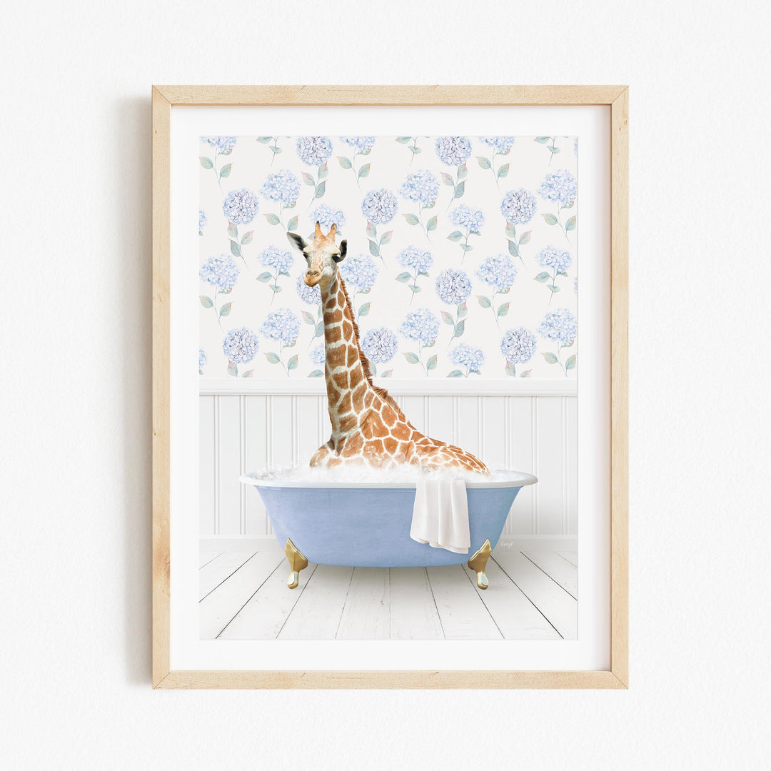 A giraffe is sitting in a blue bathtub filled with water, surrounded by a floral pattern on the wall behind it.