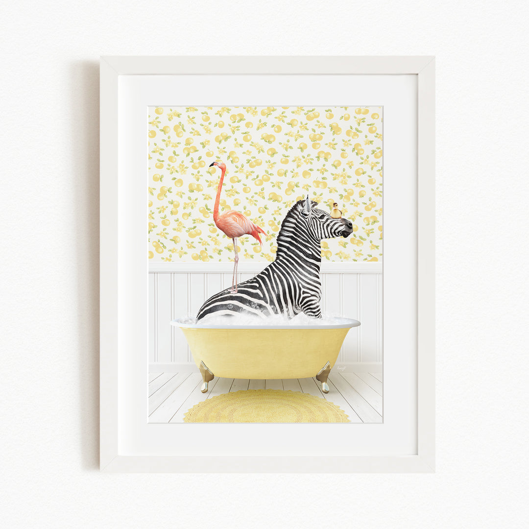 A zebra is sitting in a yellow bathtub, with a pink flamingo standing on its back.