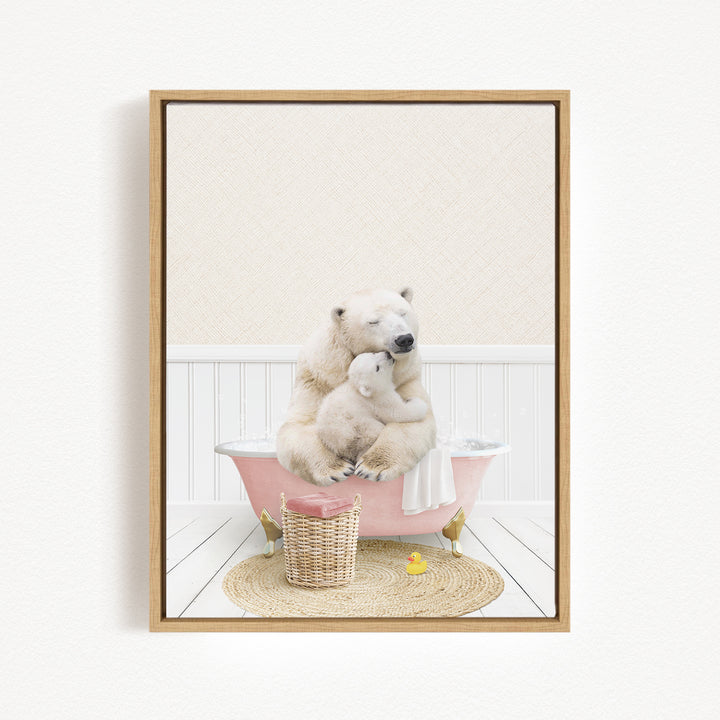 A mother polar bear and her cub sitting in a pink bathtub, surrounded by a basket of toys and a yellow rubber duck.