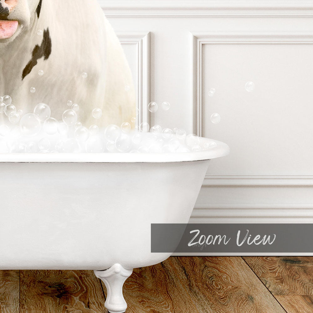 A white bathtub filled with bubbles, with a dog standing inside it.