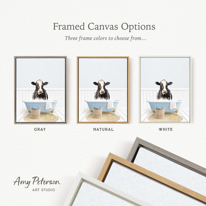 three framed canvas options featuring a cow sitting in a bathtub, with each option having a different frame color.