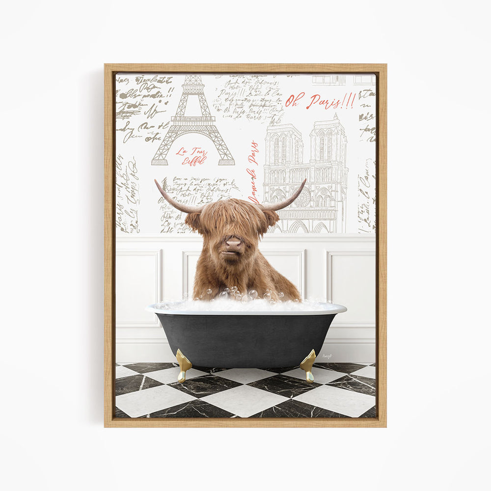 A brown cow with long horns is sitting in a bathtub filled with water, surrounded by a Paris-themed background with the Eiffel Tower and other Parisian landmarks.