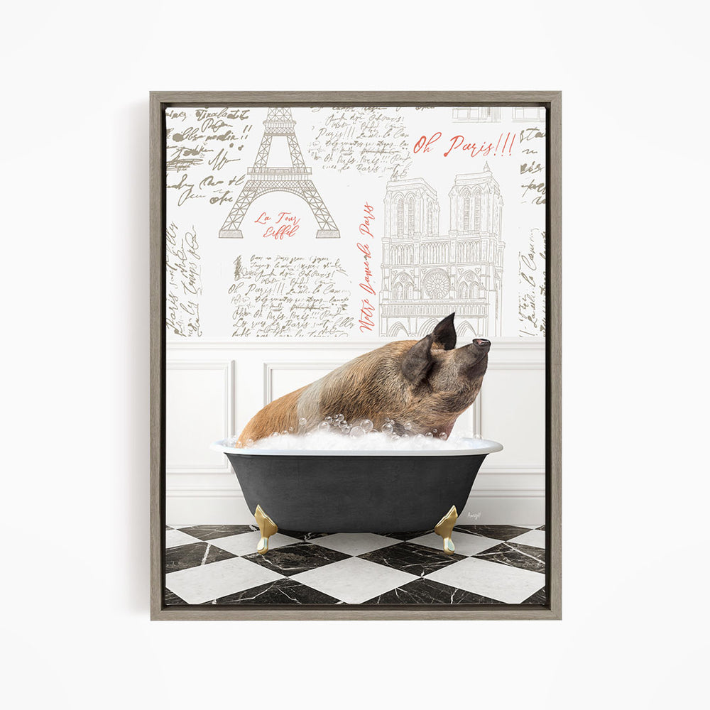 A pig sitting in a bathtub filled with water, surrounded by various texts and images related to Paris.