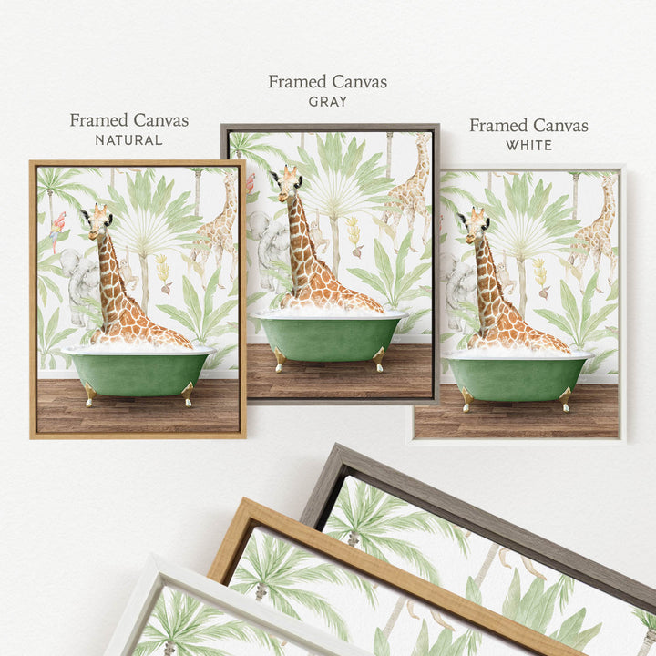 three framed pictures of a giraffe sitting in a green bathtub, each with a different frame color: natural, gray, and white.