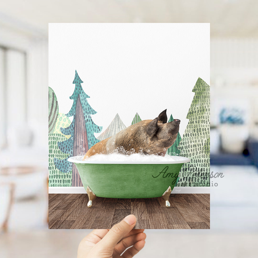 a dog taking a bath in a green bathtub