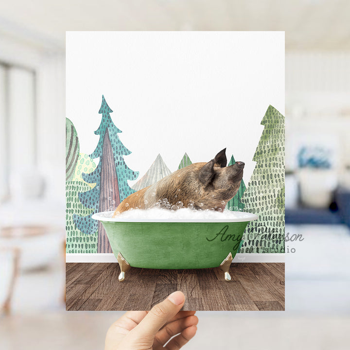 a dog taking a bath in a green bathtub