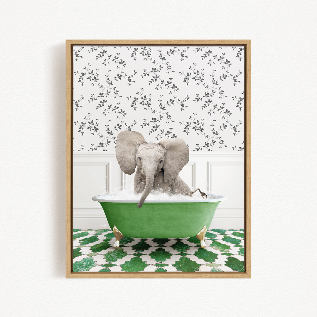 A gray elephant is sitting in a green bathtub filled with water, surrounded by a patterned wall and green and white tiles on the floor.