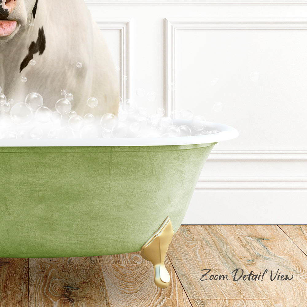 A dog is sitting in a green bathtub filled with bubbles, with a wooden floor visible in the background.