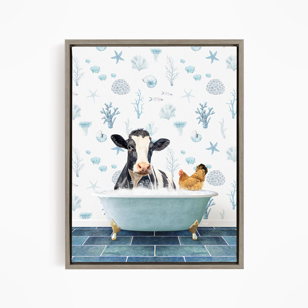 A cow is sitting in a bathtub filled with water, surrounded by a chicken and a bird, all against a backdrop of blue and white seashells and starfish.