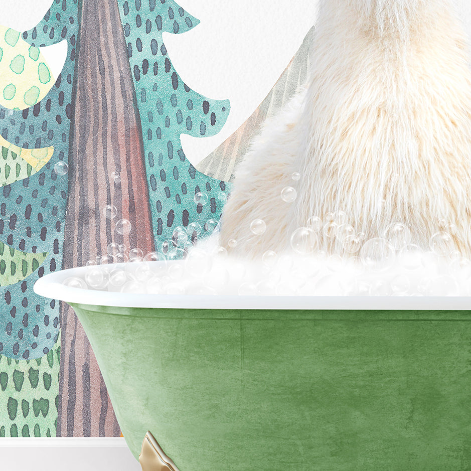 a polar bear sitting in a green bath tub