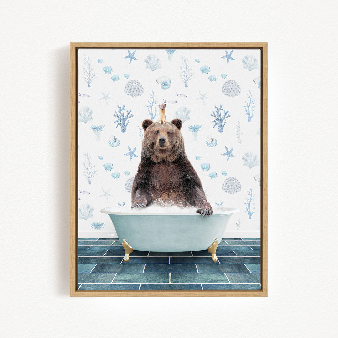 A brown bear sitting in a bathtub filled with water, surrounded by various marine life and starfish designs on the wall behind it.
