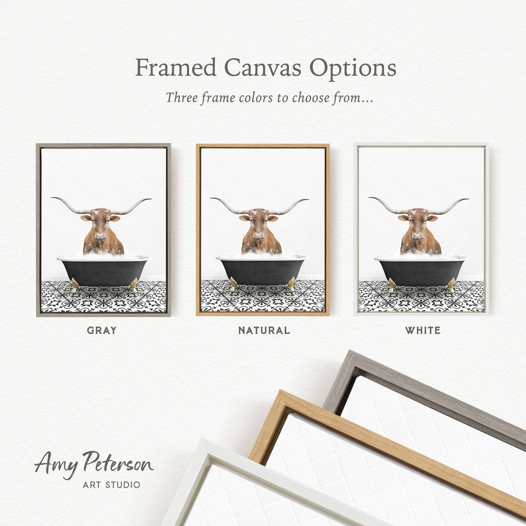 three framed canvas options featuring a water buffalo in a bathtub, with each option having a different frame color.