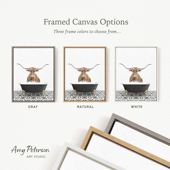 three framed canvas options featuring a water buffalo in a bathtub, with each option having a different frame color.