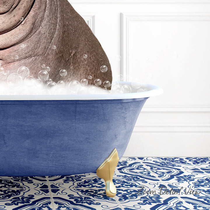 A blue bathtub filled with bubbles, with a gold bathtub leg visible, and a patterned blue and white floor in the background.
