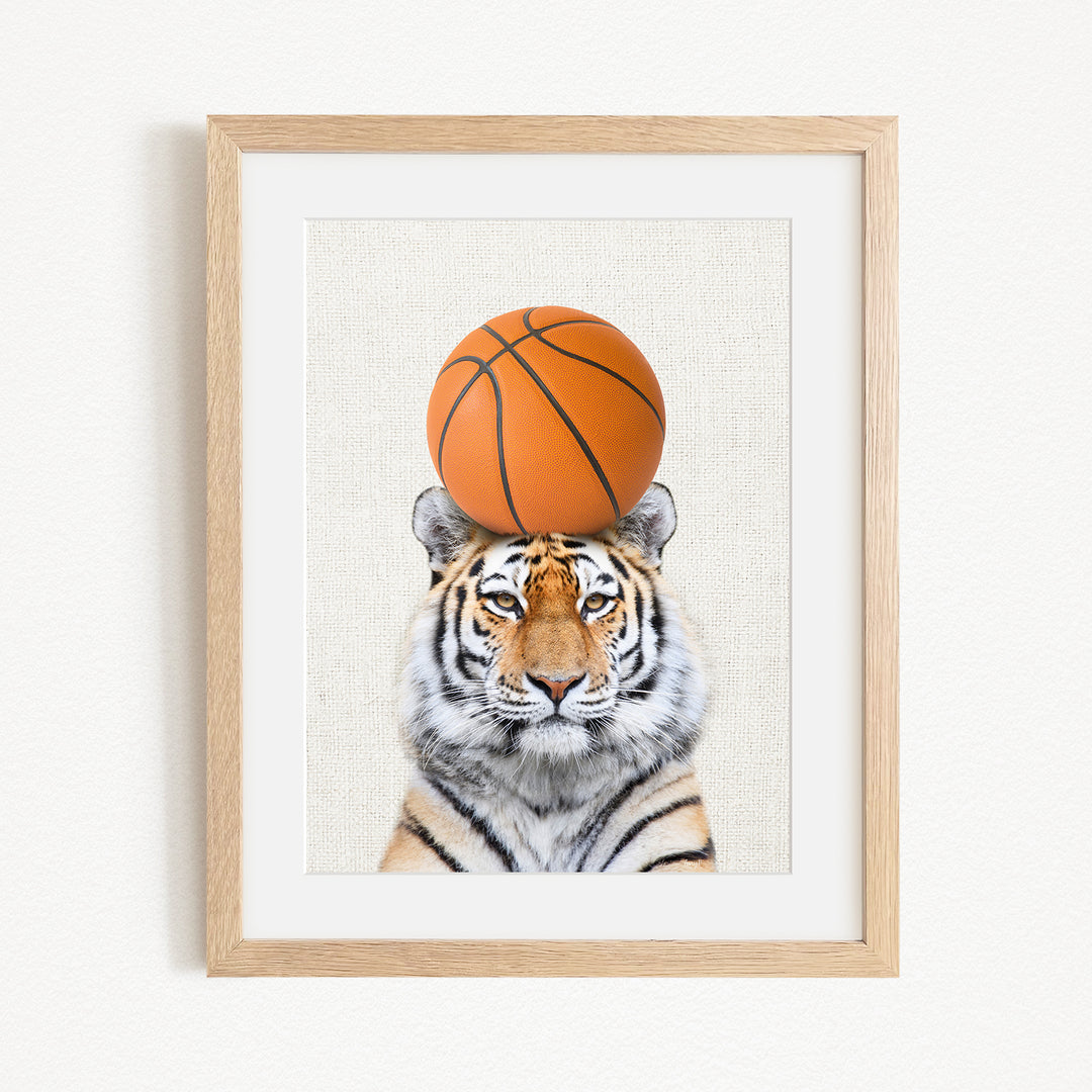 A tiger is sitting on a basketball, with the basketball positioned on top of its head.